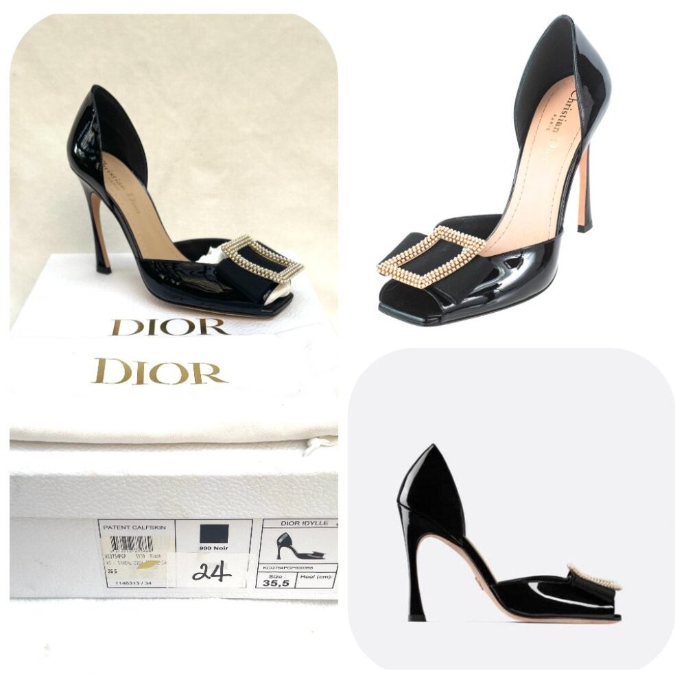 NIB Auc Dior Dior Idylle patent calfskin white resin pearls Bow Peep Toe heels
